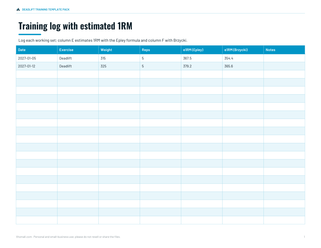 Preview of the first page of Training log (XLSX)